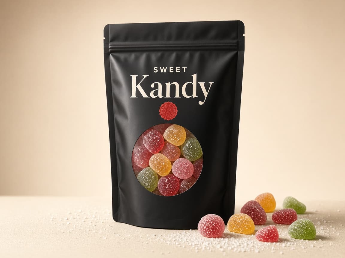 Sweet Kandy classic mix pouch standing on sugar paper, sweets visible through the window